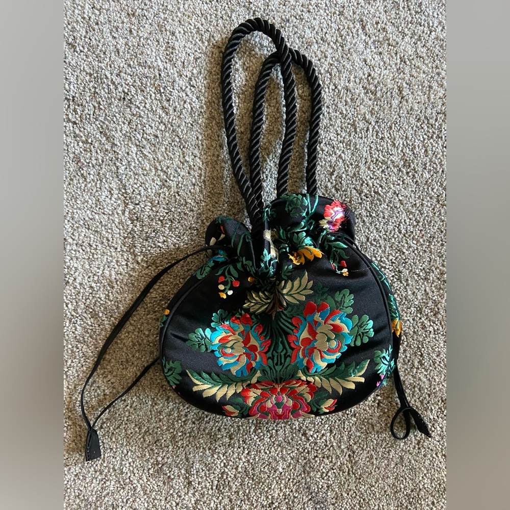 Vibrant Colorful Embroidered Chinese Floral Black Drawstring Polti Bag